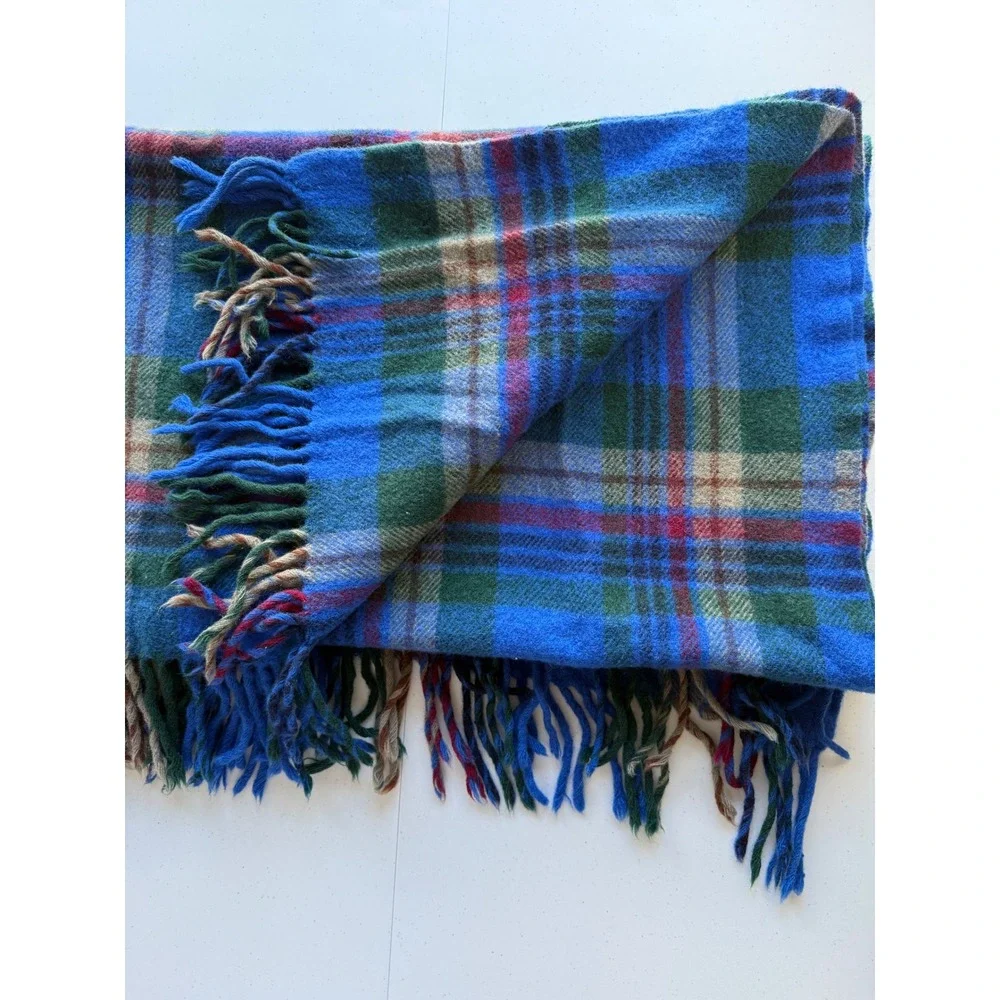 Vtg Pendleton Virgin Wool Throw Blanket Fringe Blue Green Tartan Plaid 54x68